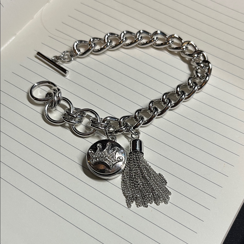 Silver Charm Bracelet With Tassel - With Removable Snap Charm